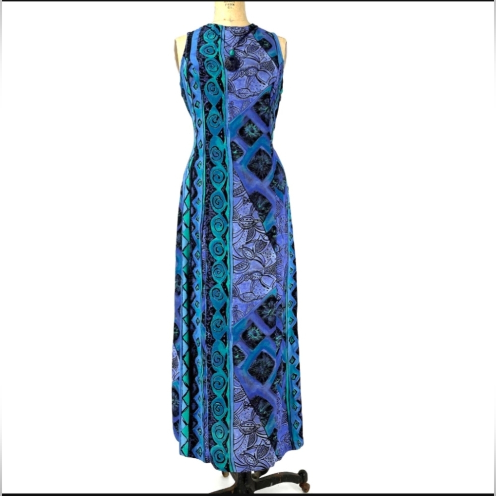 Vintage Cascais Blue and Teal Patterned Maxi BohoDress